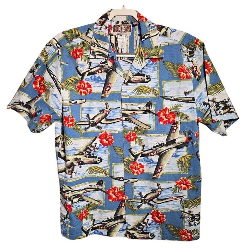 VTG Kalaheo Shirt Mens M Hawaiian Aloha Made in Hawaii USA Warbird Print Camp671